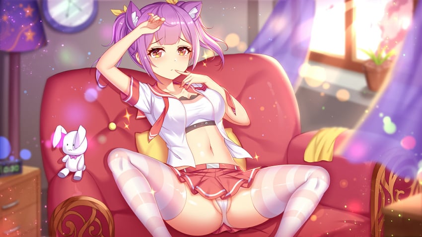 1girls armchair artist_request chair clock curtains day exposed_torso finger_on_lip girlgame hand_on_head lace_trim lamp lampshade looking_at_viewer nightstand panties pillow pink_and_white_socks pink_hair pink_thighhighs plant pot potted_plant pretty_neko red_armchair red_chair red_skirt school_uniform short_hair skirt sparkles spread_legs stockings striped_legwear striped_thighhighs stuffed_animal sunlight tagme_(artist) thighhighs unbuttoned white_clothing white_panties window yellow_eyes yellow_pillow