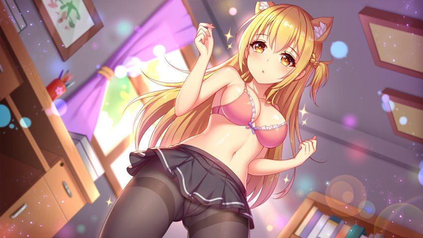 1girls bedroom big_breasts blonde_hair book bookshelf bra ceiling cup curtains day desk girlgame indoors long_hair pantyhose pen pencil picture_frame pink_bra pink_curtains pretty_neko skirt sparkles sunlight wall window wood_desk yellow_eyes