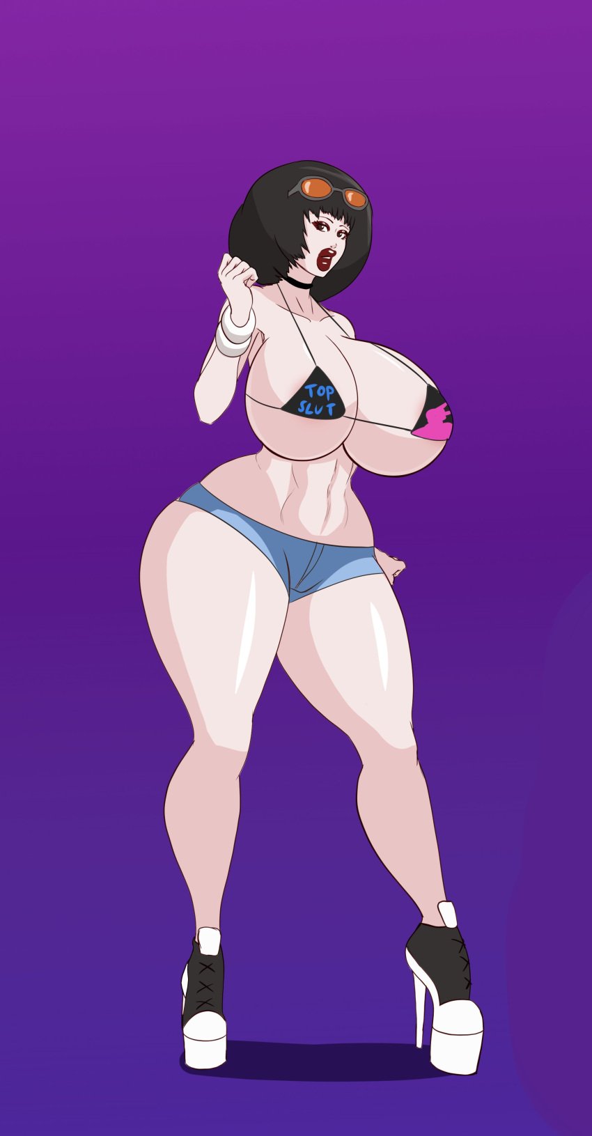 annon big_breasts bimbo bob_cut high_heels ohya_ichiko persona persona_5 red_lipstick short_hair short_shorts sunglasses_on_head swimsuit