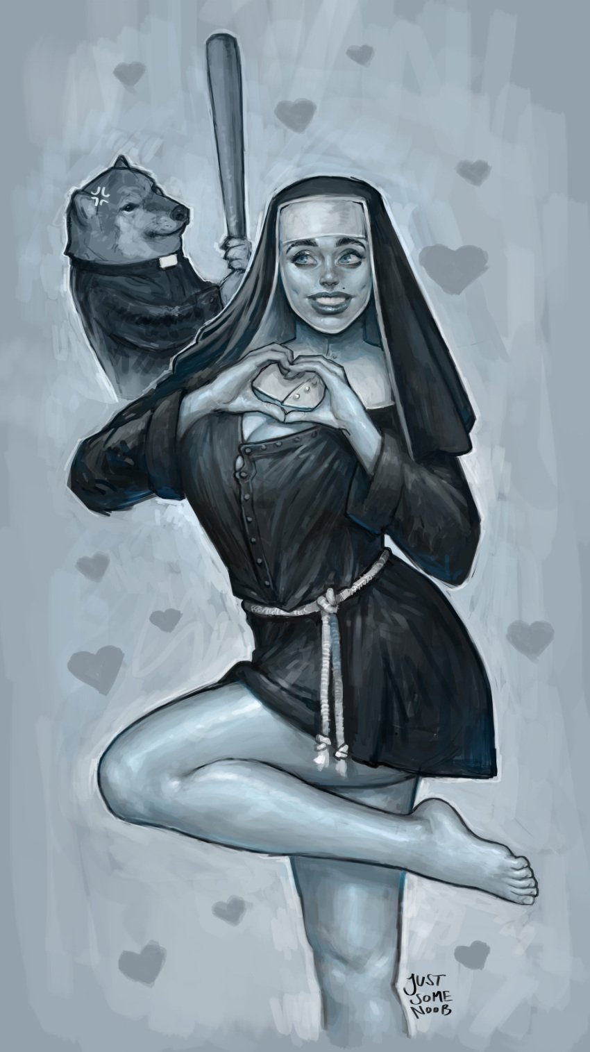 bare_legs barefoot big_breasts black_and_white blue_eyes breasts busty cheems cleavage cleavage_cutout dodge female female_focus female_only go_to_horny_jail grayscale greyscale heart_hands holy_moly justsomenoob large_breasts makeup meme monochrome nun nun's_habit nun_habit nun_outfit pinup pinup_pose pose posing r/dogelore skimpy skimpy_clothes standing wide_hips