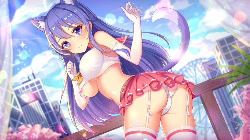 1girls areolae blue_eyes blue_hair blue_sky cat_ears cat_tail cherry_blossoms city cityscape cloud curtains day girlgame gloves long_hair looking_at_viewer outdoors panties plant pretty_neko railing school_uniform sky sparkles stockings sunlight tree underboob white_curtains white_gloves white_panties wood_railing