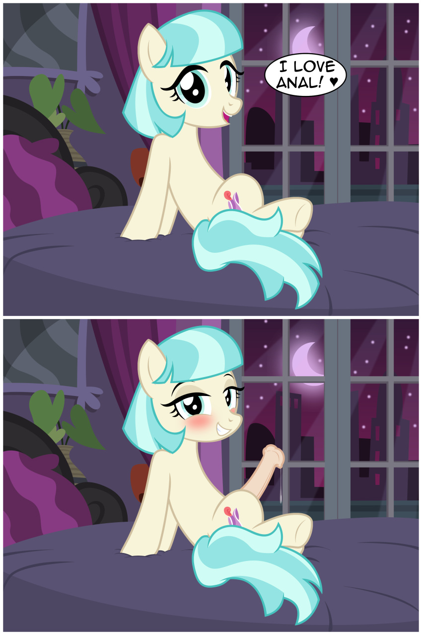 absurd_res alpha_channel animal_genitalia animal_penis badumsquish bed bedroom_eyes blue_eyes blue_hair blush bodily_fluids border city cityscape coco_pommel_(mlp) comic correct_artstyle crescent_moon dialogue english_text equid equine equine_penis erection friendship_is_magic furniture futanari genital_fluids genitals hair hasbro heart hi_res horse looking_at_viewer male mammal moon my_little_pony narrowed_eyes night penis pony precum seductive smile star text transparent_border two_panel_image