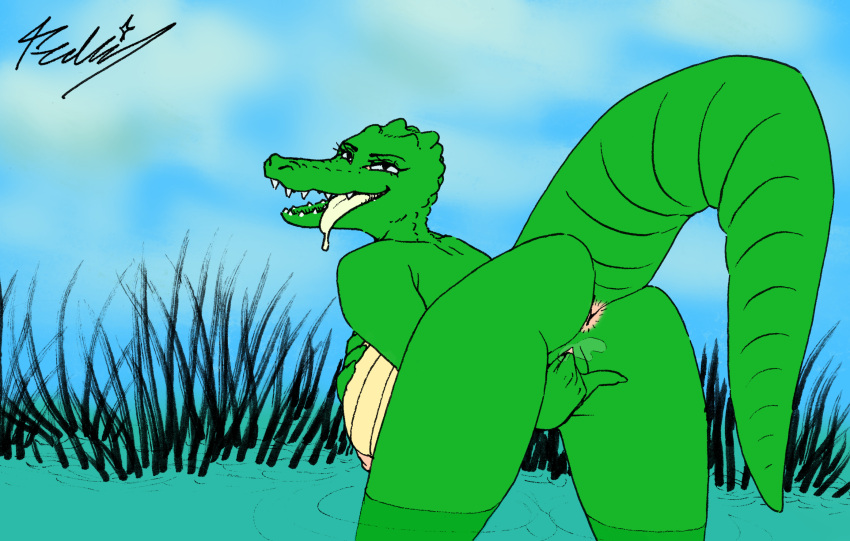 alligator alligatorid anthro anus areola ass bedroom_eyes bent_over big_breasts big_tail bodily_fluids breasts cloud crocodilian female finger_fuck fingering fingering_self genital_fluids genitals hi_res huge_breasts looking_at_viewer masturbation narrowed_eyes nipples non-mammal_breasts nude presenting presenting_hindquarters presenting_pussy pussy pussy_juice realius reptile scalie seductive sky smile solo swamp thick_thighs tongue tongue_out traditional_media_(artwork) vaginal_masturbation vaginal_penetration water