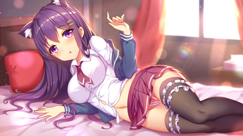 1girls bed bed_sheet cat_ears curtains day girlgame headboard indoors long_hair looking_at_viewer panties pillow pink_bed_sheet pink_panties pretty_neko purple_eyes purple_hair red_curtains red_pillow school_uniform skirt stockings sunlight window