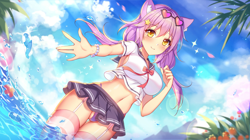 1girls bead_bracelet blue_panties blue_sky bracelet cat_ears cloud day girlgame glasses glasses_on_head heart_sunglasses long_hair looking_at_viewer mountain outdoors palm_tree panties pearl_bracelet plant pretty_neko purple_bikini purple_bikini_bottom purple_hair school_uniform sideboob sky sparkles standing standing_in_water stockings striped_legwear sunglasses sunglasses_on_head sunlight tree water yellow_eyes