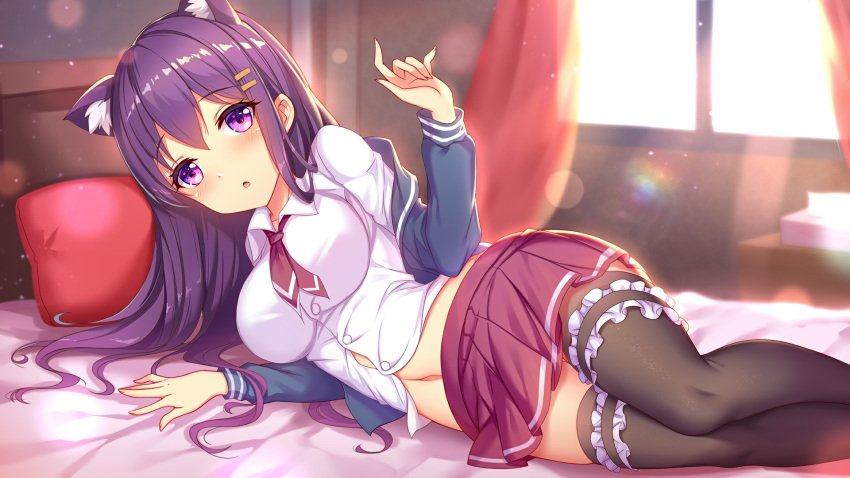 1girls bed bed_sheet cat_ears curtains day girlgame headboard indoors long_hair looking_at_viewer pillow pink_bed_sheet pretty_neko purple_eyes purple_hair red_curtains red_pillow school_uniform skirt stockings sunlight window