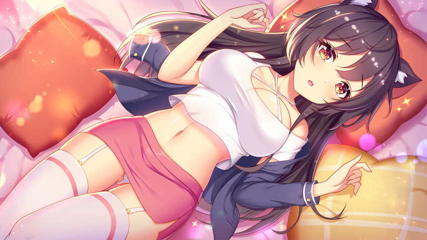 1girls bed bed_sheet big_breasts black_hair day girlgame indoors long_hair looking_at_viewer orange_eyes panties pillow pink_bed_sheet pink_blanket pink_panties pretty_neko red_pillow skirt sparkles stockings sunlight yellow_pillow