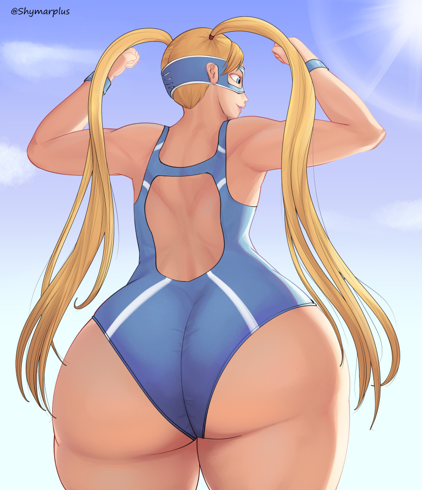 absurdres artist_name ass ass_focus back blonde_hair blue_eyes bottom_heavy butt_focus capcom female flexing from_behind highres huge_ass long_hair mask one-piece_swimsuit pose rainbow_mika rear_view shymarplus sky smile solo street_fighter street_fighter_v swimsuit thick_thighs thighs twintails