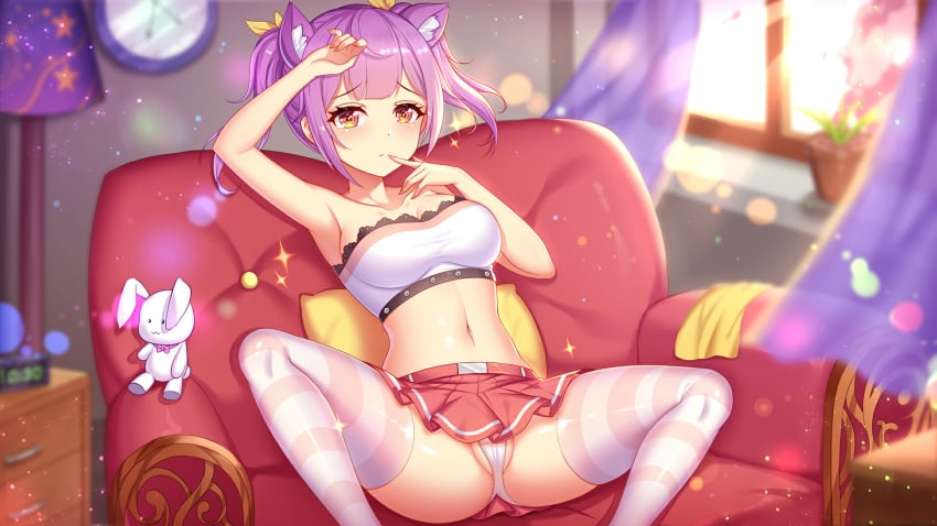 1girls armchair chair clock curtains day exposed_shoulders exposed_torso finger_on_lip girlgame hand_on_head lace_trim lamp lampshade looking_at_viewer nightstand panties pillow pink_hair pink_thighhighs plant pot potted_plant pretty_neko red_armchair red_chair red_skirt short_hair skirt sparkles spread_legs stockings striped_legwear striped_thighhighs stuffed_animal sunlight thighhighs unbuttoned white_clothing white_panties window yellow_eyes yellow_pillow