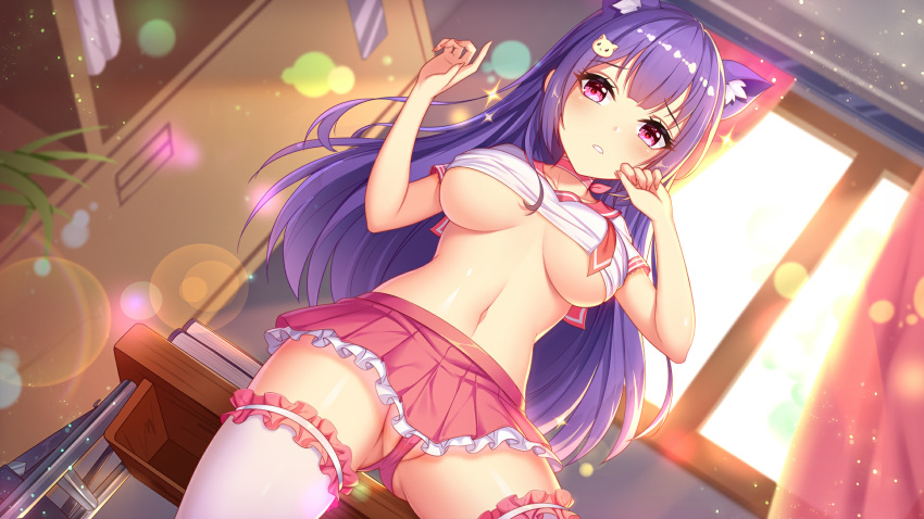 1girls big_breasts book cat_ears ceiling choker curtain_rod curtains day desk dresser girlgame indoors long_hair looking_at_viewer pink_eyes plant pretty_neko purple_hair red_curtains school_desk school_uniform skirt stockings sunlight underboob wall window wood_desk