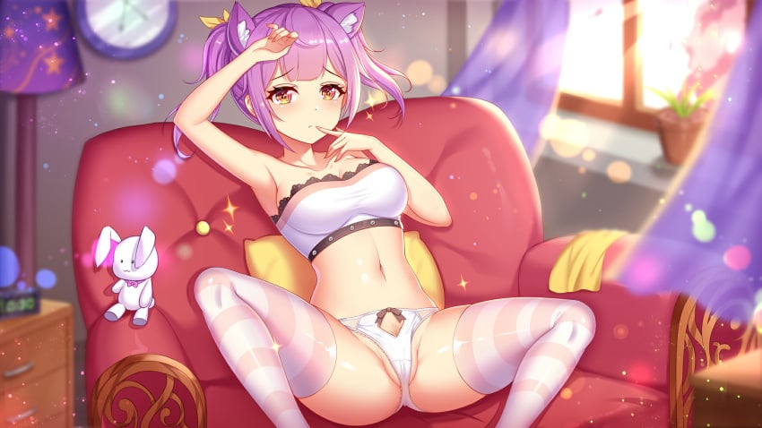 1girls armchair artist_request black_bow bow bow_panties cat_ears chair clock curtains day exposed_shoulders exposed_torso finger_on_lip girlgame hand_on_head lace_trim lamp lampshade looking_at_viewer nightstand panties pillow pink_and_white_socks pink_hair pink_thighhighs plant pot potted_plant pretty_neko red_armchair red_chair short_hair sparkles spread_legs stockings striped_legwear striped_thighhighs stuffed_animal sunlight tagme_(artist) thighhighs white_clothing white_panties window yellow_eyes yellow_pillow