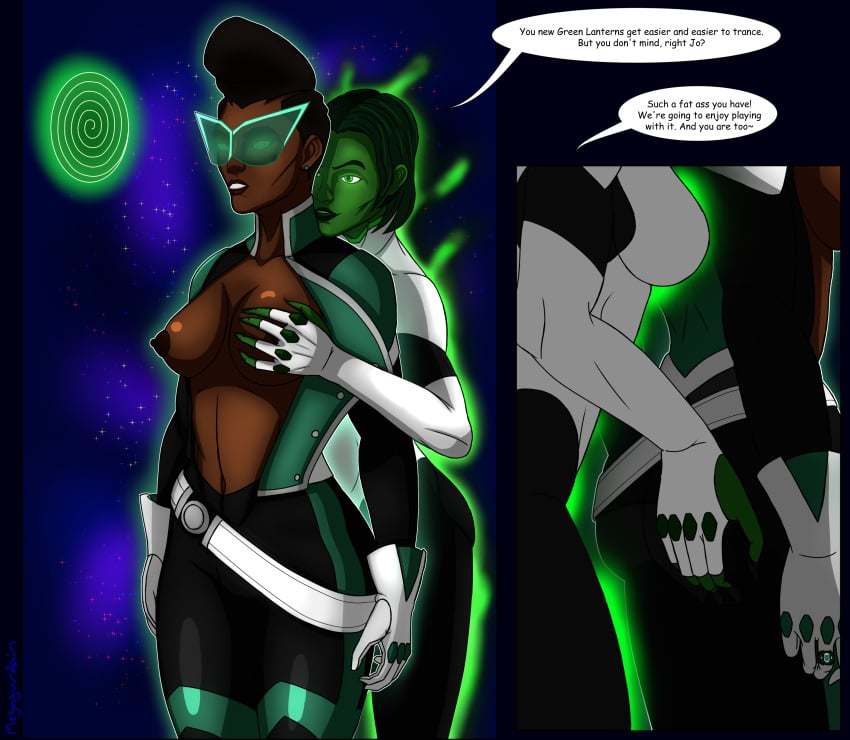 2d 2girls ass_grab black_hair breast_grab breasts dark-skinned_female dark_skin dc dc_comics dialogue female_only glowing_eyes green-skinned_female green_eyes green_hair green_lantern green_skin hypnosis jade_(dc) megaguardain mind_control multiple_girls open_clothes sojourner_mullein space spiral_eyes text uniform yuri