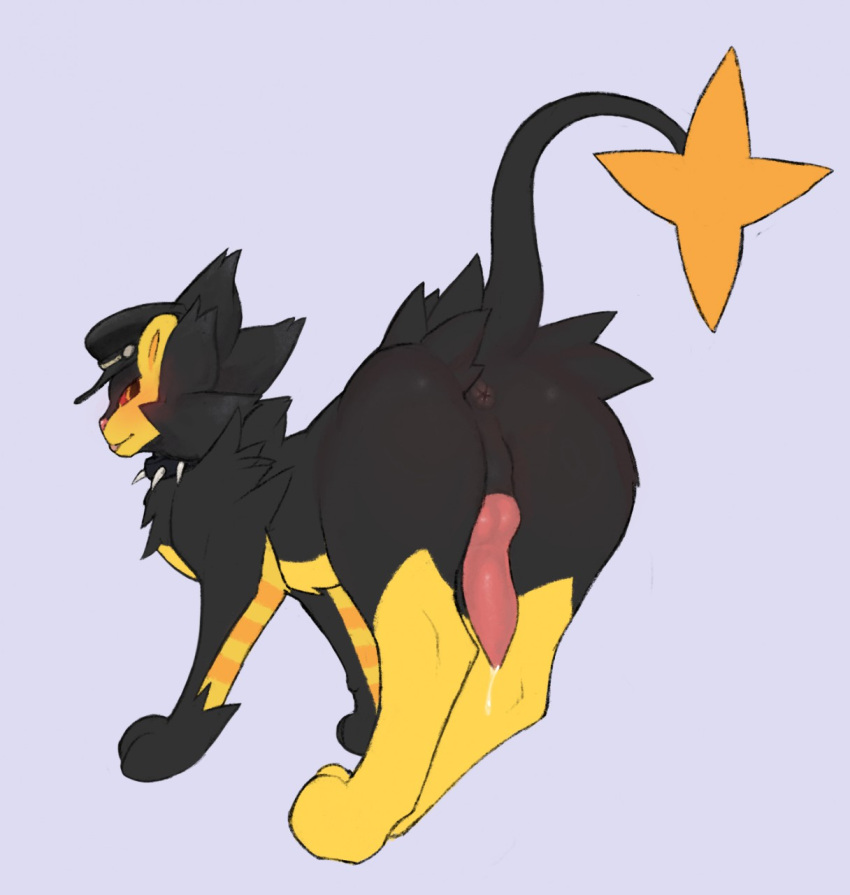 ass black_body black_collar black_eyes black_fur blush bodily_fluids collar cum felid feline felis feral fur fur_tuft genital_fluids genitals hi_res jojo_reference looking_at_viewer luxray male male_only mammal multicolored_body multicolored_fur nintendo penis plumbelly pokémon_(species) pokemon pokemon_(species) presenting presenting_hindquarters presenting_penis red_sclera shiny_pokemon simple_background solo spiked_collar spikes tuft video_games yellow_body yellow_fur