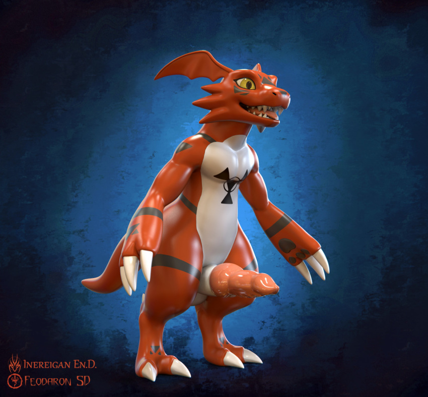 1boy 2021 2_toes 3_fingers 3d_(artwork) animal_genitalia animal_penis anthro balls biped black_body blue_background canine_penis claws digimon digimon_(species) digital_media_(artwork) digitigrade erection feet feodaron_sd fingers genitals guilmon head_wings inereigan knot male male_only membrane_(anatomy) membranous_wings nude open_mouth penis red_body sheath simple_background smile solo standing toes white_body white_claws wings yellow_eyes