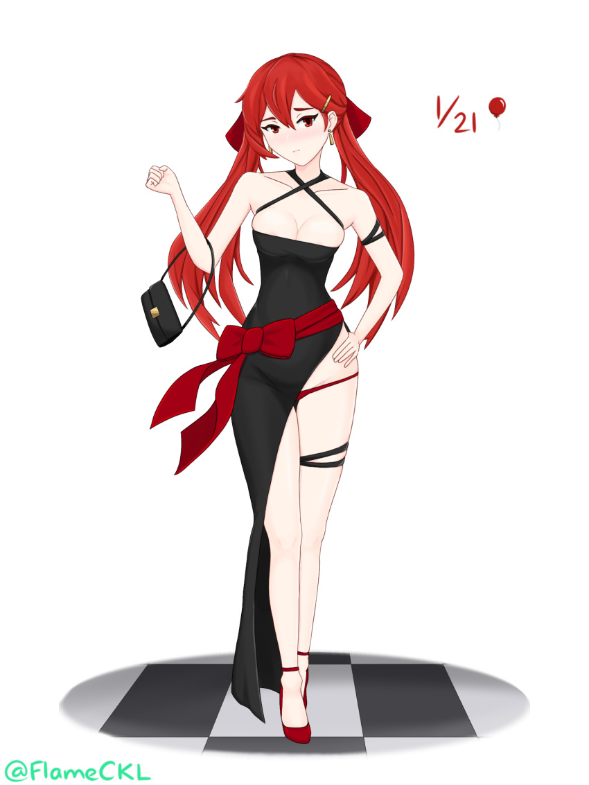 birthday blush date dress earrings female fire_emblem fire_emblem_awakening flameckl handbag high_heels long_hair medium_breasts nintendo no_bra panties red_eyes red_hair ribbon severa_(fire_emblem) solo twintails