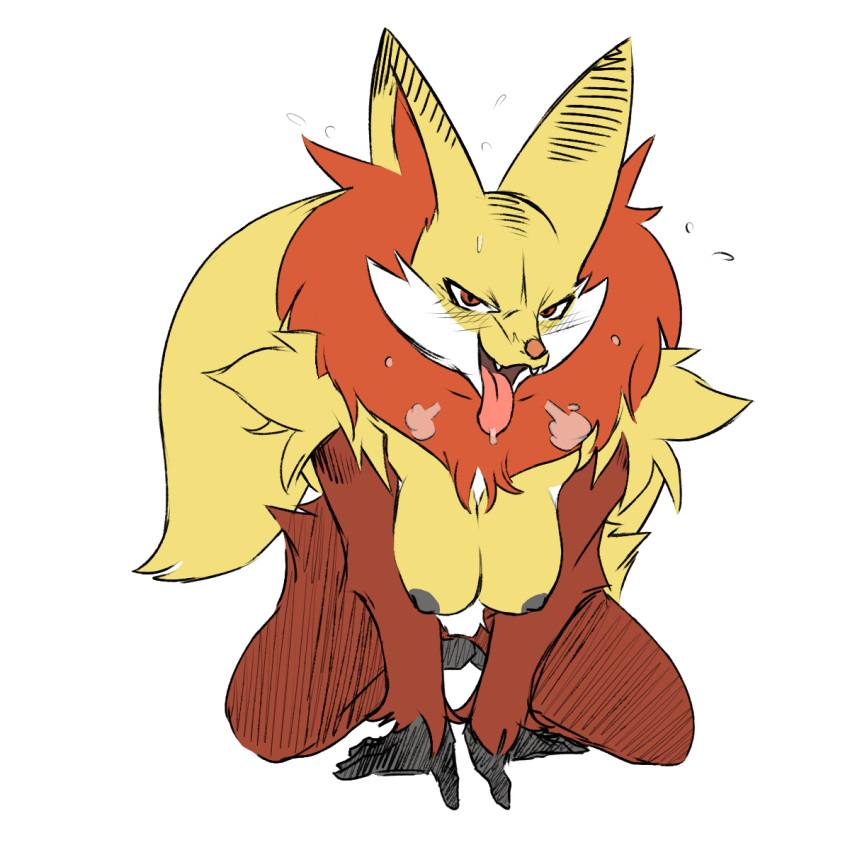 :d anthro black_fur breasts breath canid canine colorized delphox edit fangs female female_only fluffy fluffy_tail fox fur furry game_freak highres kneeling looking_at_viewer multicolored_fur naughty_face nintendo nipples open_mouth open_smile plague_of_gripes pokemon red_eyes red_fur smile solo sweat teeth third-party_edit tongue tongue_out white_background yellow_fur