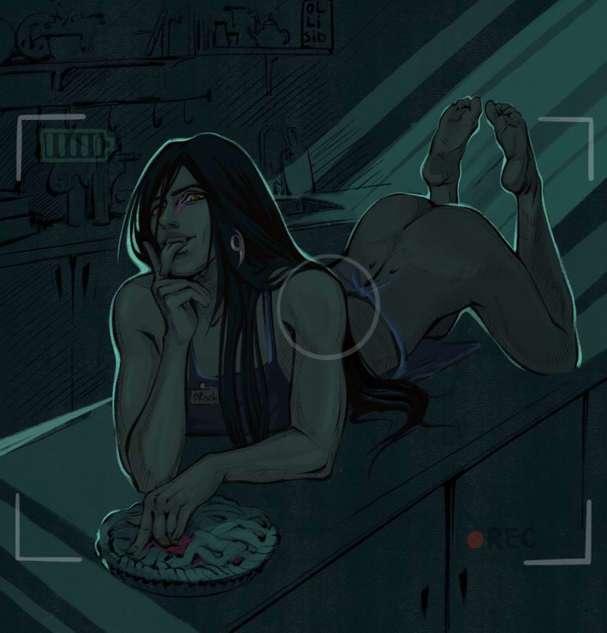 apron apron_only ass ass_up bare_arms bare_legs bare_shoulders bare_thighs barefoot black_hair camera_view earrings femboy food kitchen licking licking_fingers long_hair long_tongue male_only naruto naruto_(series) no_underwear ollisid on_counter orochimaru pie recording solo solo_focus solo_male