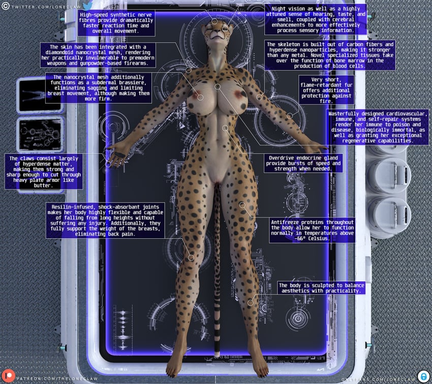 3d analysis anthro artificial_lifeform athletic athletic_anthro athletic_female big_breasts bioroid braided_hair breasts cheetah curvy_figure daz3d daz_3d daz_studio english_text ennex_wandi_(loneclaw) felid feline female hair hourglass_figure laboratory laboratory_equipment loneclaw lying mammal muscular muscular_anthro muscular_female on_back scientific_instrument slim small_waist solo super_soldier text text_box unconscious