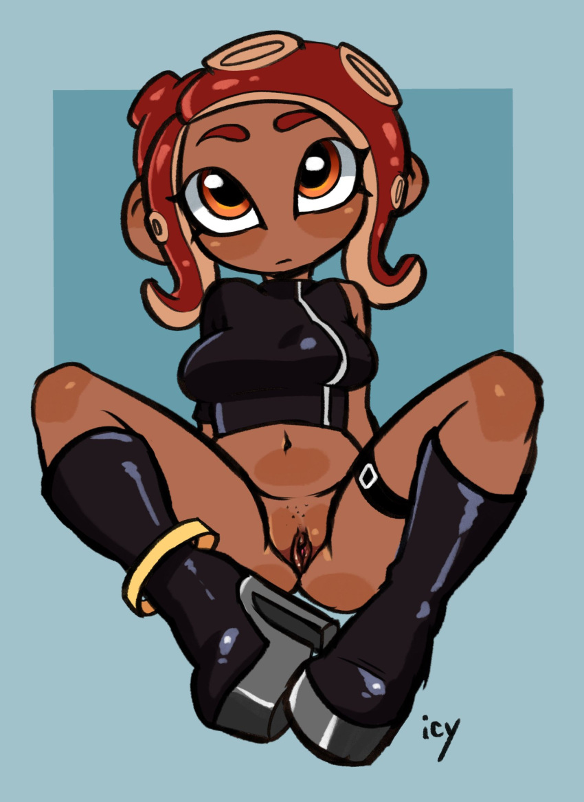 1girls agent_8_(splatoon) ass belly black_clothing boots bottomless clitoris clothed clothing cute dark-skinned_female dark_skin female female_only high_heels humanoid iseenudepeople looking_at_viewer medium_breasts miss_icy_(artist) no_nose octoling red_hair splatoon splatoon_2 zipper