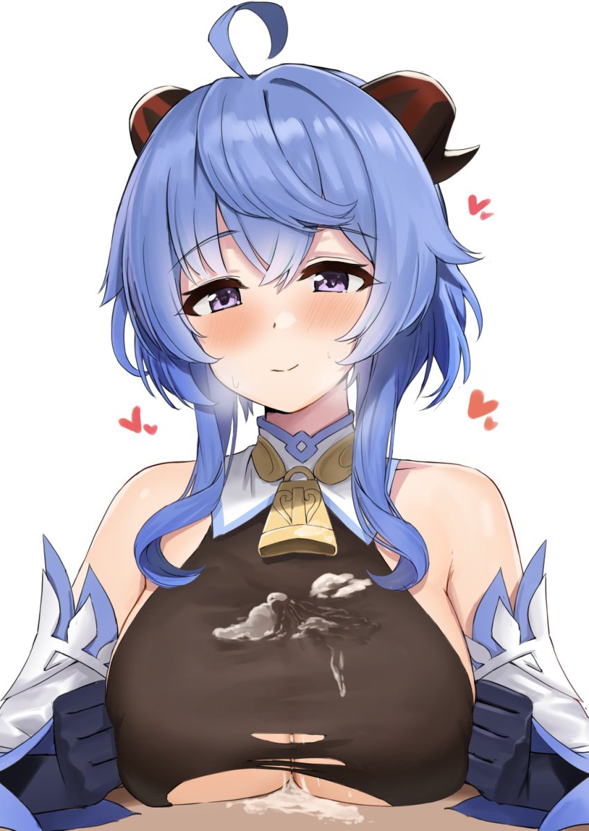 1boy ahoge ayul_(ayulneri_92) bangs bare_shoulders bell black_gloves blue_hair blush breast_squeeze breasts brown_bodysuit cum cum_on_body cum_on_breasts cum_through_clothes detached_sleeves elbow_gloves female ganyu_(genshin_impact) genshin_impact gloves highres horns large_breasts long_hair looking_at_viewer paizuri paizuri_under_clothes penis purple_eyes straight