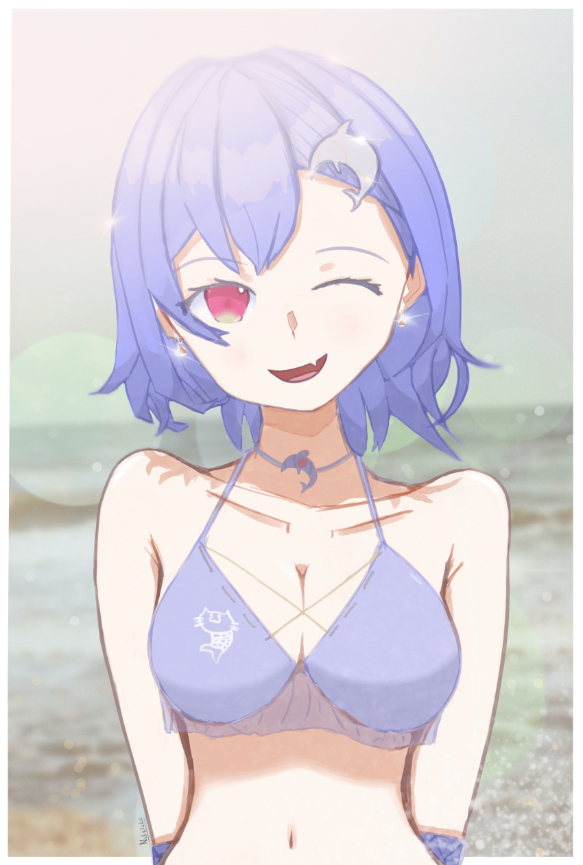 absurdres artist_name bikini bikini_top blue_hair blue_swimsuit breasts cleavage dolphin dolphin_hair_ornament dolphin_pendant female female_only hair_ornament hairclip highres jewelry medium_breasts nekuteko nijisanji nishizono_chigusa red_eyes short_hair solo solo_female solo_focus swimsuit virtual_youtuber youtube youtuber