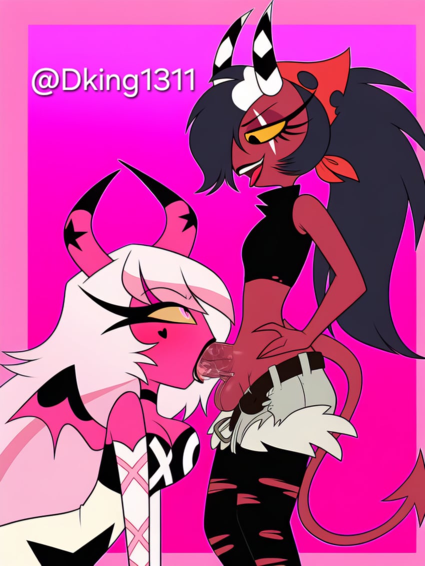 1futa 1girls 2girls ai_generated balls ballsack black_hair blowjob blowjob_face breasts clothed clothing cock crop_top demon demon_girl dking1311 female futa_on_female futanari futanari/female hair_ribbon height_difference helluva_boss horns huge_cock kneeling kneeling_female kneeling_oral_position large_penis long_hair looking_down oral oral_penetration penis pink_body pink_hair ponytail red_body saliva saliva_on_penis sallie_may_(helluva_boss) short_hair succubus succubus_horns succubus_wings sucking_penis tail taller_female verosika_mayday verosika_mayday_(helluva_boss) vivienne_medrano vivziepop waist white_hair wings