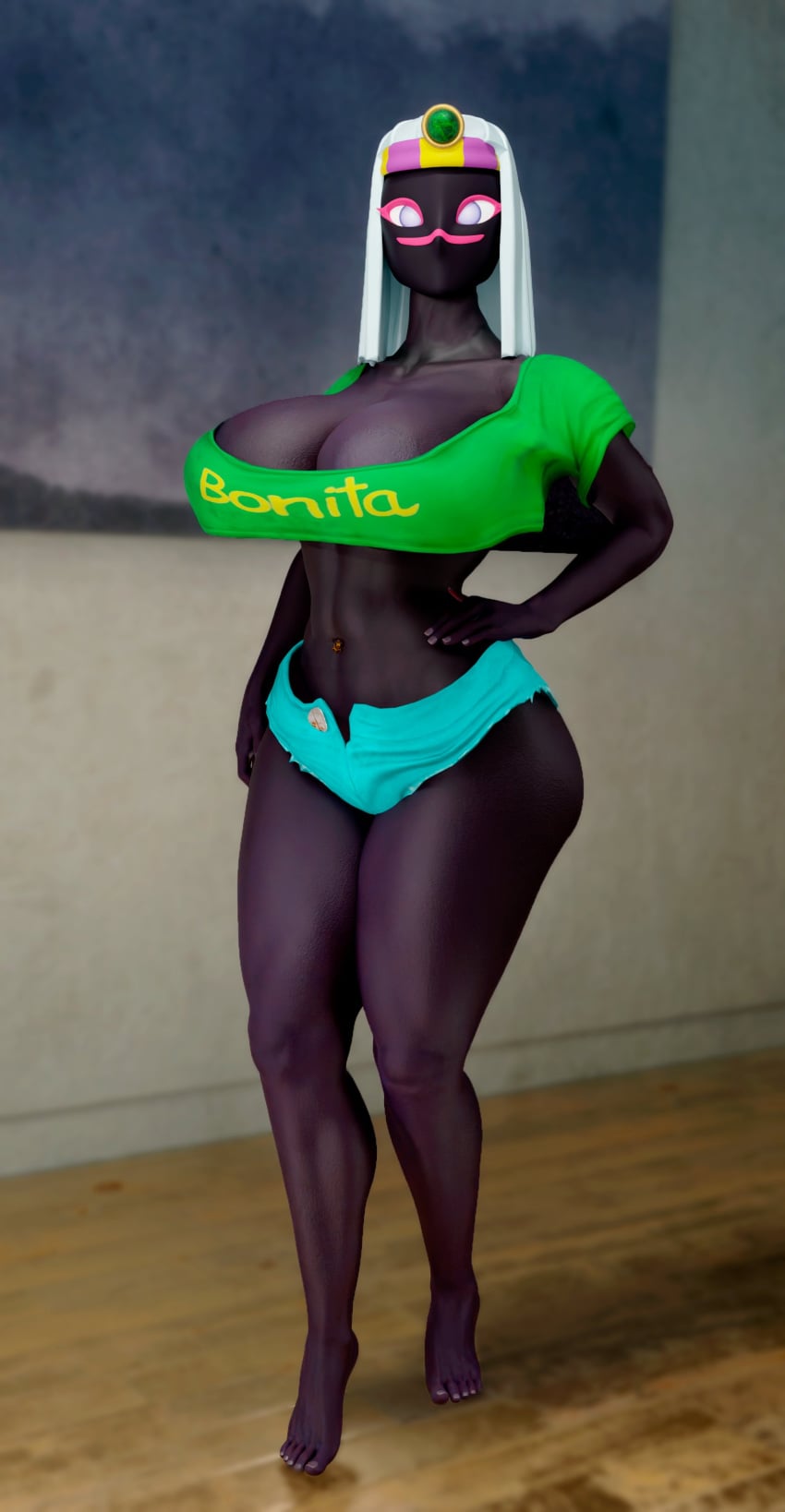 1girls 3d 3d_(artwork) alien alien_girl big_breasts black_body breasts busty cleavage clothing duck_dodgers female female_only hand_on_hip huge_breasts large_breasts looking_at_viewer no_bra queen_tyr'ahnee rodler-h8 shirt shorts solo text_on_clothing thick_thighs thunder_thighs white_hair wide_hips