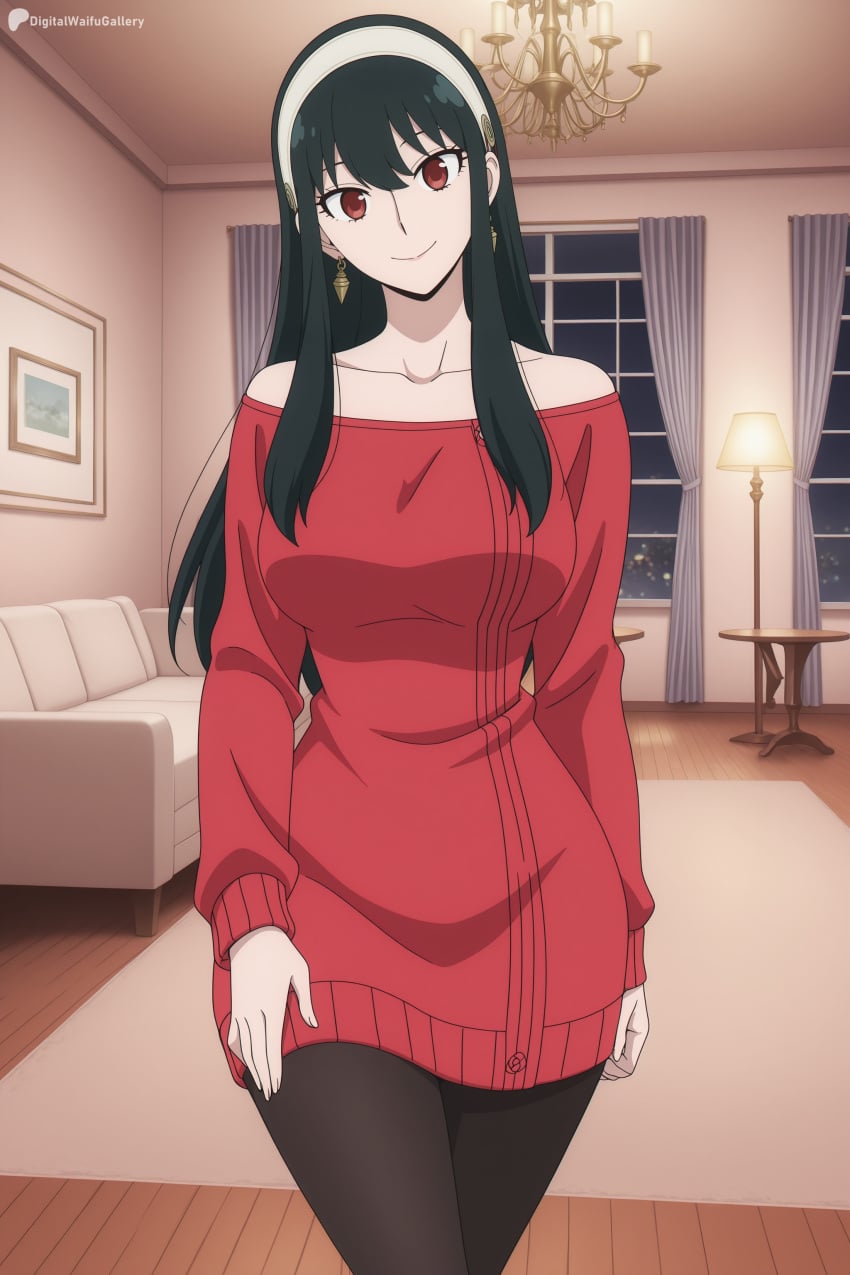 1girl ai_generated bare_shoulders bedroom black_hair black_pantyhose breasts closed_mouth collarbone couch cowboy_shot curtains digitalwaifugallery dress earrings gold_earrings hairband hi_res high_quality high_resolution indoors jewelry lamp large_breasts long_hair long_sleeves looking_at_viewer night off-shoulder_sweater off_shoulder pantyhose patreon red_eyes red_sweater seductive sexy sidelocks smile solo spy_x_family sweater sweater_dress uncensored watermark white_hairband window yor_briar