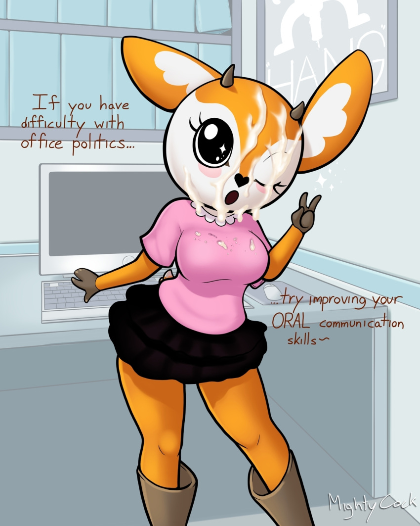 2020 4:5 4_fingers aggressive_retsuko antelope anthro black_nose blouse blush bodily_fluids boots bottomwear bovid breasts clothing computer cum cum_on_eye cum_on_face dialogue english_text female fingers footwear fur gazelle genital_fluids gesture heart heart_nose hi_res horn keyboard looking_at_viewer mammal mightycock office one_eye_closed open_mouth orange_body orange_fur sanrio signature skirt smooth_fur solo talking_to_viewer text thomson's_gazelle topwear true_antelope tsunoda v_sign white_body white_fur