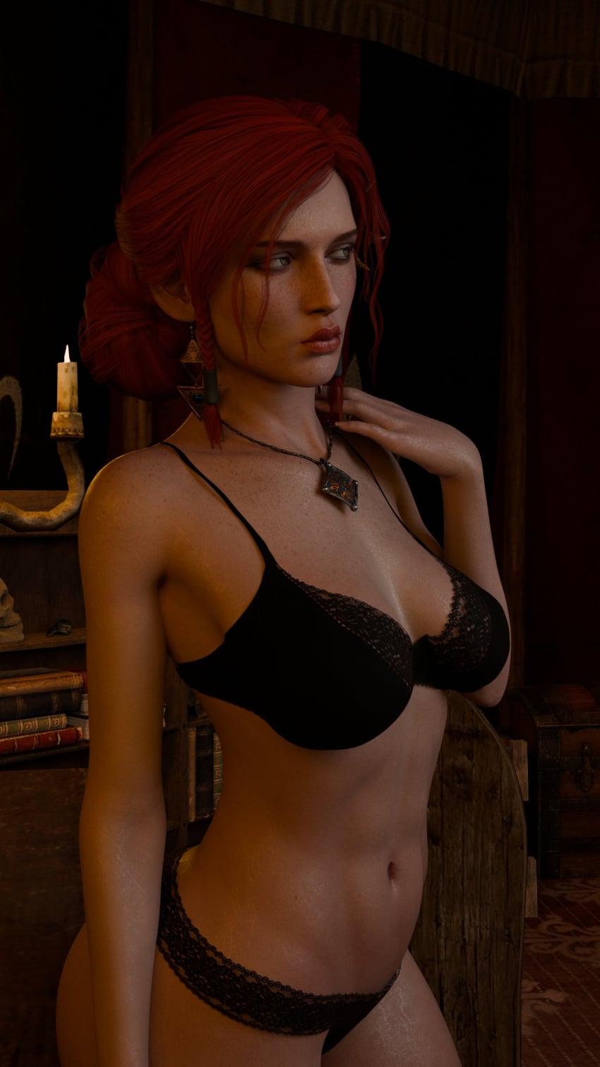 1girls 3d ass bra breasts cd_projekt_red earrings female fomos freckles freckles_on_breasts freckles_on_face light-skinned_female light_skin lingerie mascara necklace panties red_hair solo solo_female the_witcher_(series) the_witcher_3:_wild_hunt triss_merigold wet_body