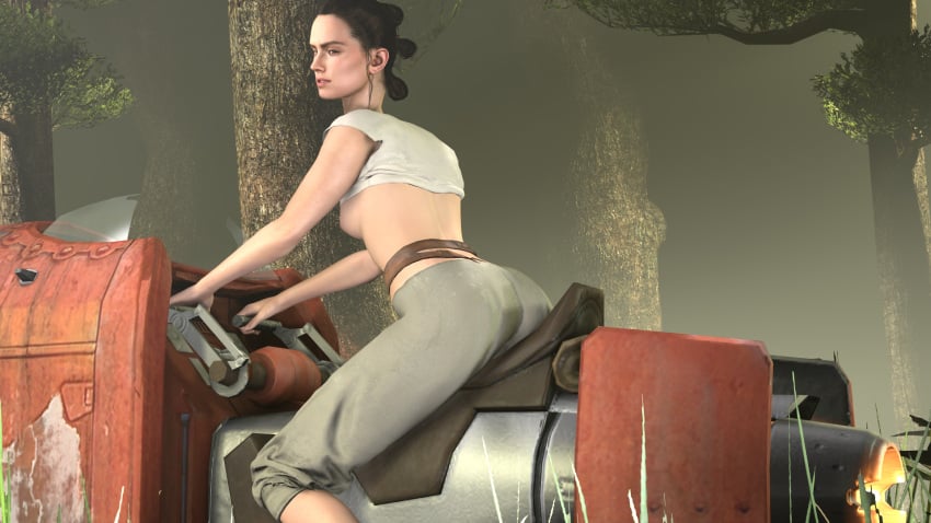 3d belt breasts clothed_female clothing forest lcothed nedac1 no_bra no_underwear nudity outdoor_nudity outside pants rey shirt_up side_view small_breasts source_filmmaker speeder speeder_bike star_wars tagme the_force_awakens