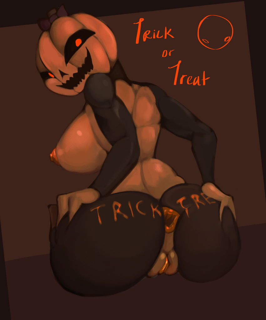 1girls anal_invitation anus ass big_ass blanklazarus body_writing breasts english_text female gaping_anus halloween jack-o'-lantern mrs._blank_(blanklazarus) original_character plant_humanoid pumpkin pumpkin_head pussy red_eyes solo