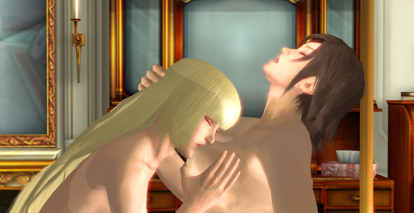 2girls 3d blonde_hair breast_sucking brown_hair emilie_de_rochefort female female_only height_difference kazama_asuka moaning nilbog3d tekken yuri