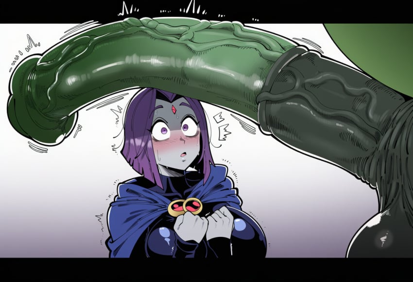 1boy 1girls ai_generated animal_penis ass beast_boy big_ass breasts dc dc_comics female goth_girl grey_skin horse horsecock huge_cock large_breasts latex leotard lips looking_at_penis male massive_cock mullon novelai penis penis_awe purple_hair rachel_roth raven_(dc) teen_titans