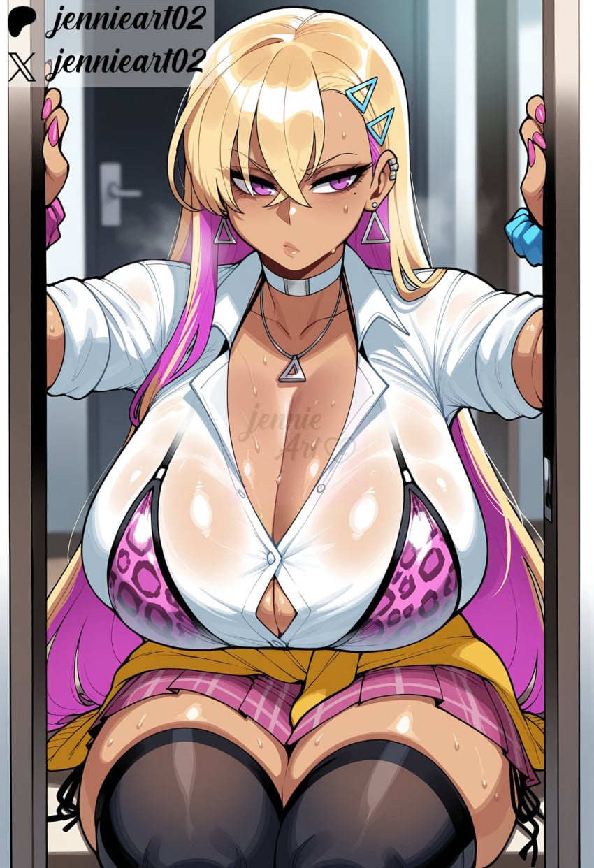 1girl ai_generated animal_print bikini bikini_under_clothes black_thighhighs blonde_hair blush body_writing boryeon_(last_origin) bra bracelet breasts button_gap cardigan choker cleavage clothes_around_waist clothing collarbone collared_shirt colored_inner_hair crossed_bangs curvy dark-skinned_female dark_skin doorway ear_piercing earrings female gyaru hair_between_eyes hair_ornament hairclip huge_breasts jennieart02 jewelry kogal large_breasts last_origin legwear leopard_print long_hair microskirt miniskirt mole mole_on_breast mole_under_eye multicolored_hair nail_polish necklace partially_unbuttoned patreon patreon_logo patreon_username piercing pink_bikini pink_eyes pink_hair pink_nails pink_skirt plaid plaid_skirt pleated_skirt purple_eyes purple_hair school_uniform scrunchie see-through shirt side-tie_bikini_bottom sitting skirt solo sweat sweater sweater_around_waist swimsuit tan thick_thighs thighhighs thighs triangle_earrings triangle_hair_ornament twitter twitter_username two-tone_hair underwear very_long_hair watermark white_shirt wrist_scrunchie
