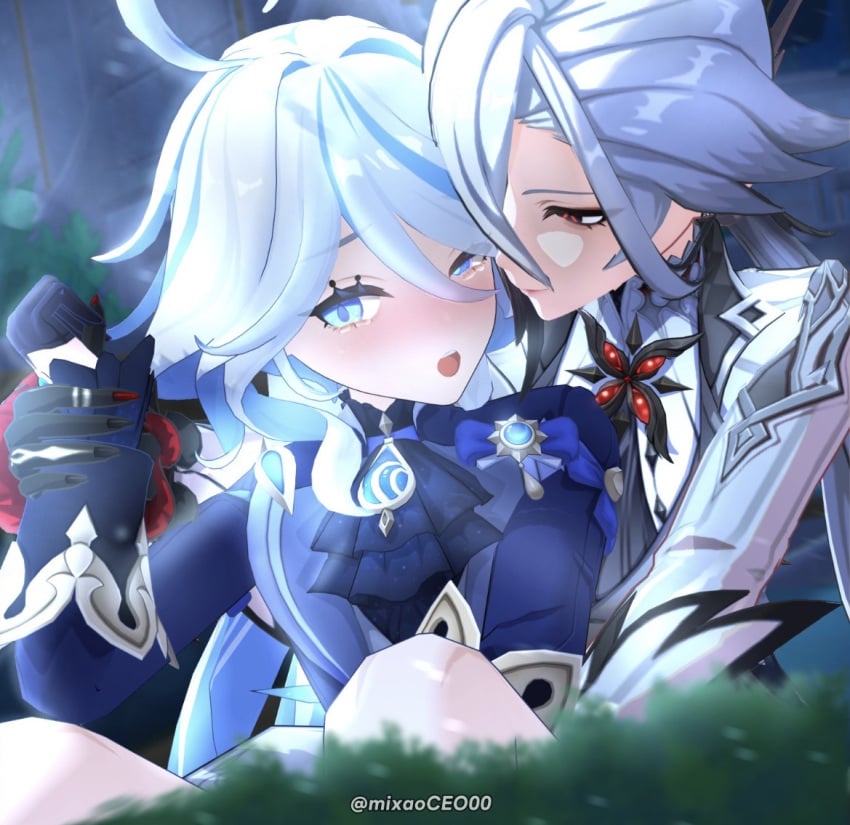 2girls 3d 3d_(artwork) arlecchino_(genshin_impact) behind_bush black_and_white_hair blue_hair bush censored covered crying female/female furina_(genshin_impact) genshin_impact hair_between_eyes holding_hands implied_sex lesbian lesbian_sex mixaoceo00 on_lap penetration_from_behind sex short_hair sitting_on_lap yuri