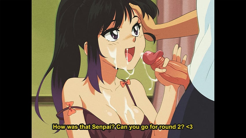 1990s_(style) 1boy 1girls black_hair cleavage cum cum_in_mouth cum_on_breasts cum_on_face dialogue dirtyero_(artist) dyed_hair english_text fake_screenshot female female_focus handjob holding_head indoors male off_shoulder open_mouth original original_character penis pillarbox ponytail purple_eyes purple_hair retro_artstyle smile solo_focus straight subtitled text two_tone_hair veiny_penis vhs_filter