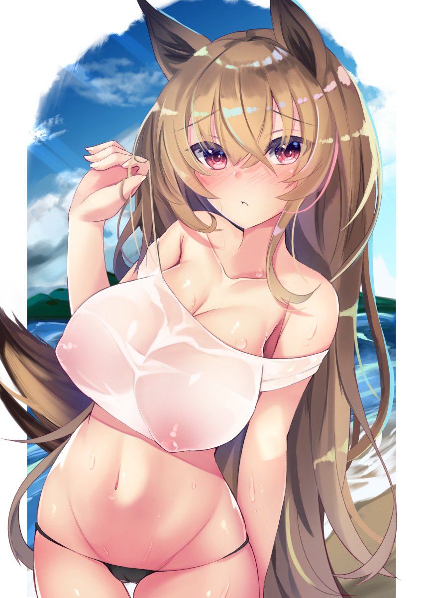 absurdres accidental_exposure animal_ears areolae arknights arm_behind_back arm_up bangs beach bikini black_bikini blue_sky blush breasts ceobe_(arknights) cleavage cloud collarbone commentary_request cowboy_shot crop_top day embarrassed eyebrows_visible_through_hair female highres large_breasts long_hair looking_at_viewer mountainous_horizon navel nipples ocean outdoors parted_lips red_eyes see-through see-through_shirt shirt sidelocks sky standing swimsuit tamano_nae thighs very_long_hair wet wet_clothes wet_shirt white_shirt