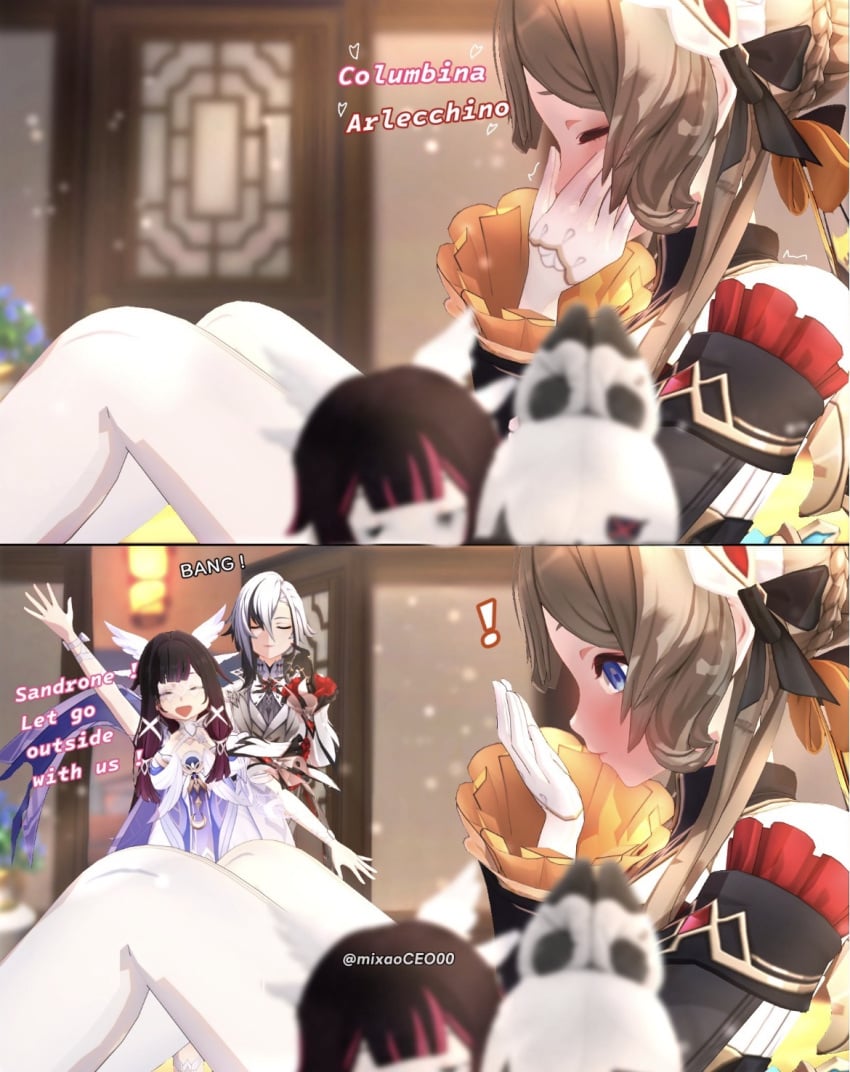 3d 3d_(artwork) 3girls arlecchino_(genshin_impact) bangs black_and_white_hair brown_hair caught_in_the_act caught_masturbating censored_pussy columbina_(genshin_impact) fantasizing female/female/female genshin_impact hand_covering_mouth legs lesbian long_hair masturbation moaning_name opening_door purple_hair sandrone_(genshin_impact) yuri
