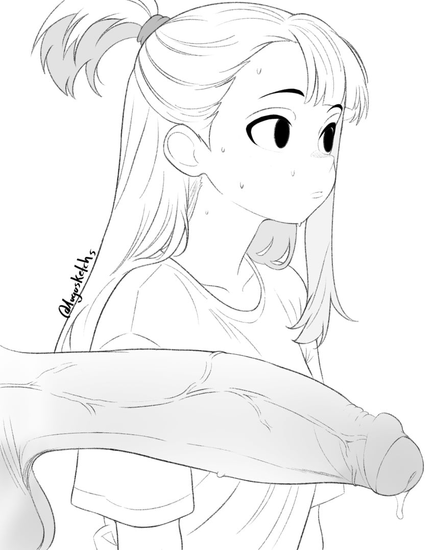 1boy 1girls atsuko_kagari augusketchs big_penis black_and_white female ignoring large_penis little_witch_academia long_hair looking_away male nervous nervous_sweat penis precum precum_drip shirt sketch sweat sweatdrop uncensored uncircumcised upper_body