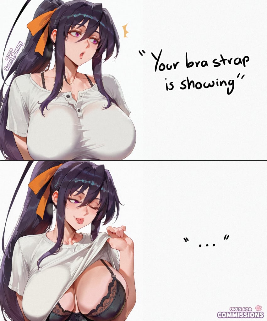 1girl 1girls ;p ai_generated akeno_himejima big_breasts big_tits bra bra_strap bra_strap_is_showing_(meme) breast_focus breasts high_school_dxd himejima_akeno large_breasts lifting_own_clothes lips long_hair naughty_face open_mouth pink_eyes ponytail purple_eyes showing_breasts surprised surprised_expression tits tongue tongue_out voluptuous