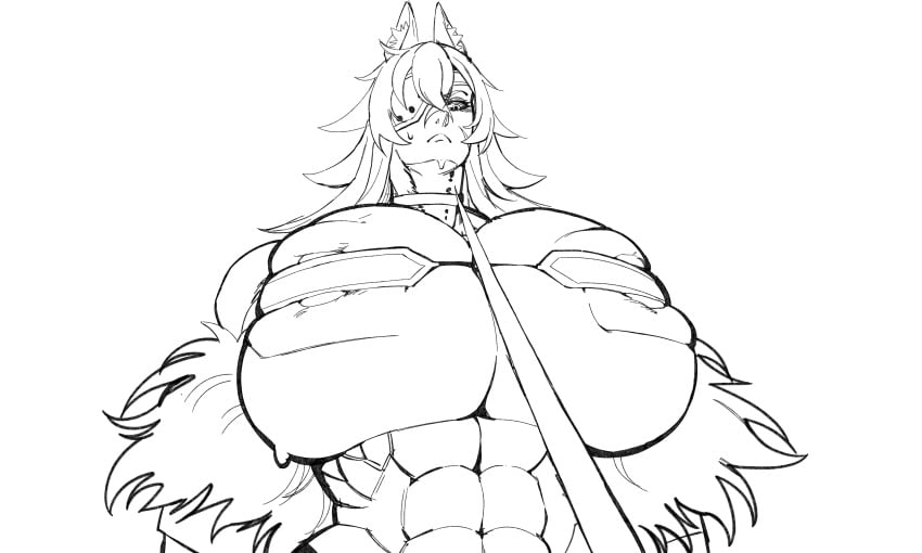 cat_ears cat_girl dark-skinned_female ghislaine_dedoldia greyscale milf muscular_female mushoku_tensei