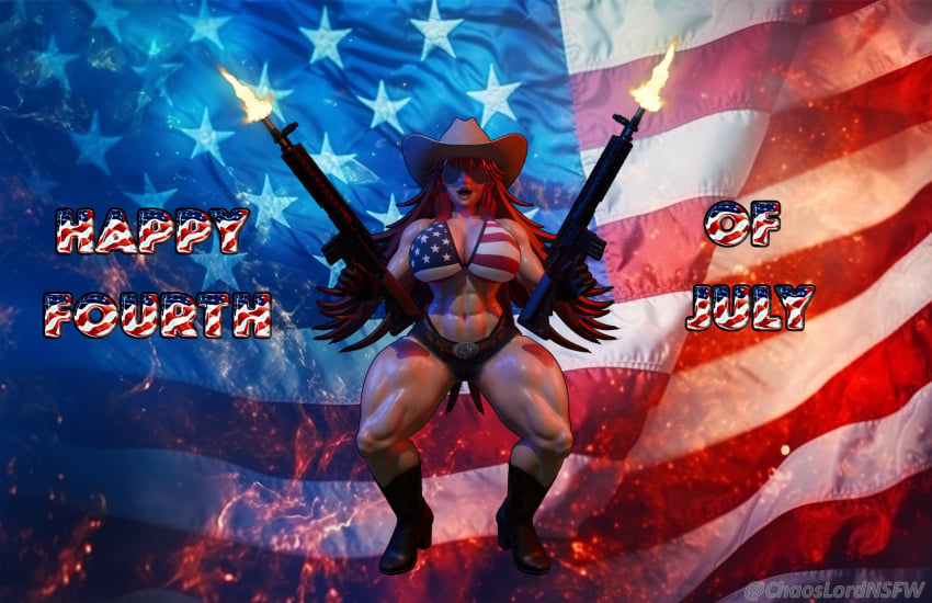 3d 3d_(artwork) 4th_of_july american_flag american_flag_background american_flag_bikini aviator_sunglasses big_ass big_breasts blender blender_(software) chaoslord cowboy_hat daisy_dukes huge_breasts machine_gun shooting shooting_gun tagme text thick thick_thighs voluptuous_female wide_hips zentreya_(cowboy_bikini)