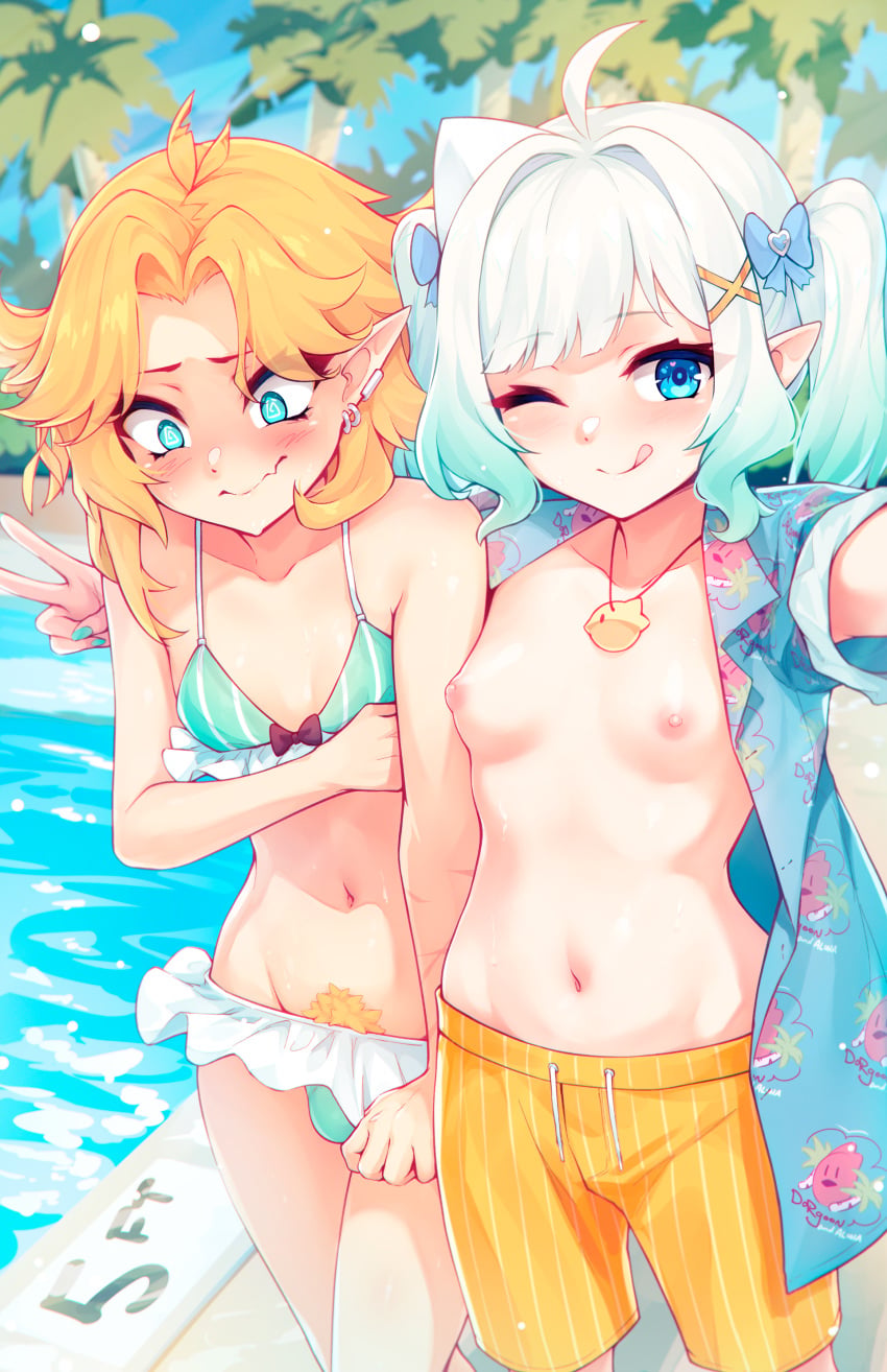 1futa 1girls ahoge areolae arm_around_shoulders bikini blonde_hair blue_eyes blush breasts bulge button_down_shirt clenched_fist crotch crotch_bulge cut_mark daytime densetsu.exe dokibird ear_piercing elf_ears embarrassed embarrassed_futa exposed_breasts exposed_chest frilly_bikini frilly_clothing futanari gradient_hair green_eyes green_hair hair_intakes hair_tie hair_vents indie_virtual_youtuber legs_apart legs_together light-skinned light_skin looking_down mint_fantome mouth_closed navel necklace nipples open_shirt outfit_swap palm_trees pantie_bulge pattern_shirt peace_sign perky_breasts petite petite_body petite_female petite_futa pig_tails pointed_ears pool pubic_hair pubic_hair_peek ribbon ricegnat selfie short_hair shy small_breasts spiral_eyes striped_bikini swim_trunks swimsuit_bulge thighs tongue_out virtual_youtuber water wet white_hair wink winking winking_at_viewer