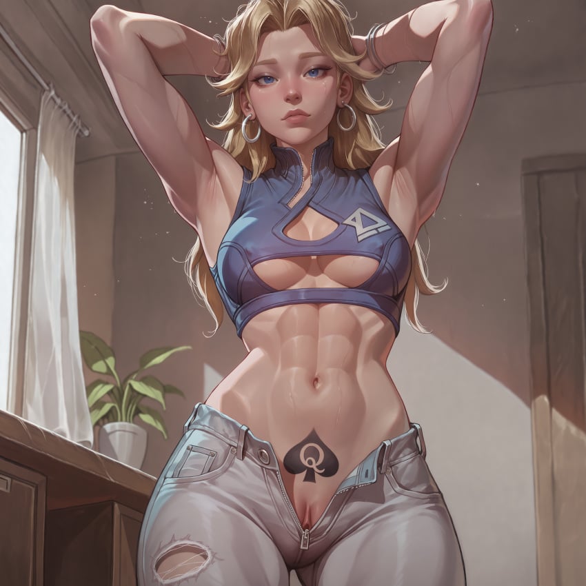 1girl abs ai_generated armpit_fetish armpits arms_up blonde blonde_female blonde_hair blue_eyes cleavage clitoral_hood clitoris crop_top day daylight denim denim_jeans earrings eyebrows eyelashes falewii fantastic_four female female_focus fit fit_female indoors invisible_woman invisible_woman_(marvel_rivals) looking_at_viewer marvel marvel_comics marvel_rivals medium_breasts medium_hair navel no_panties partially_clothed plant pubic_tattoo pussy pussy_lips pussy_peek qos_tattoo queen_of_spades queen_of_spades_symbol queen_of_spades_tattoo ribs ripped_jeans self_upload stomach sue_richards sue_storm sweat sweatdrop sweaty_body tattoo tattoo_on_belly tattoo_on_body tits toned toned_female underboob undressing