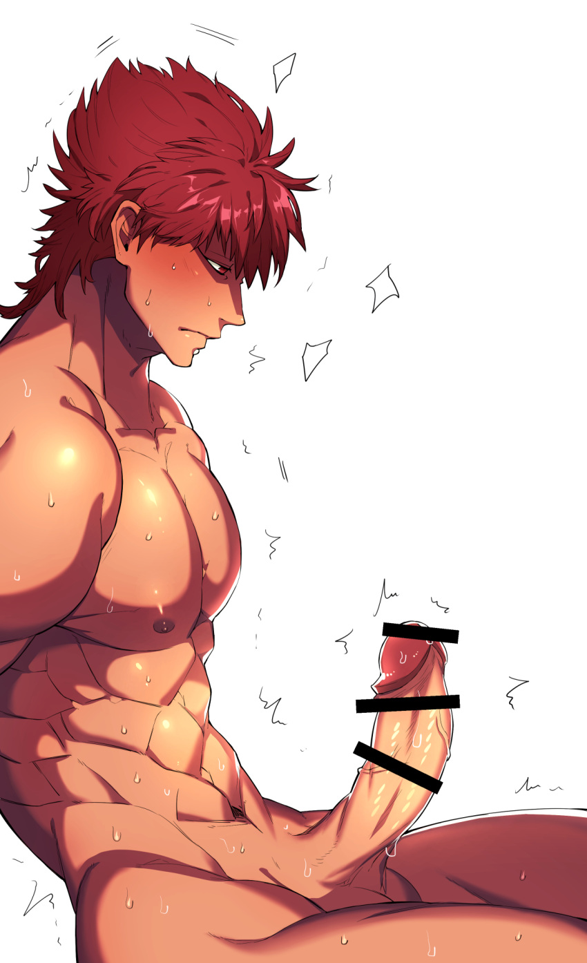 1boy 8dgc4mfc abs bar_censor bara blush censored completely_nude erection from_side gay highres magi:_the_labyrinth_of_magic male_focus male_only masrur muscular muscular_male navel nipples nude pectorals penis red_eyes red_hair short_hair solo solo_male twitching_penis