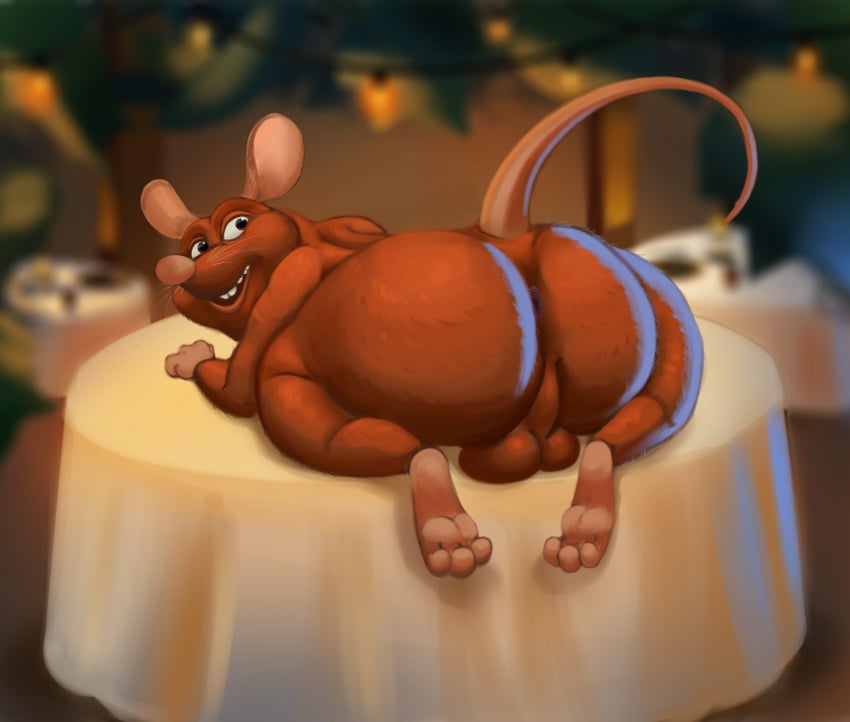 2021 absurd_res anthro anus ass backsack balls big_butt biped brown_body brown_fur detailed_background disney emile_(ratatouille) fur genitals hi_res male male_only mammal murid murine pixar rat ratatouille rodent solo themorghull