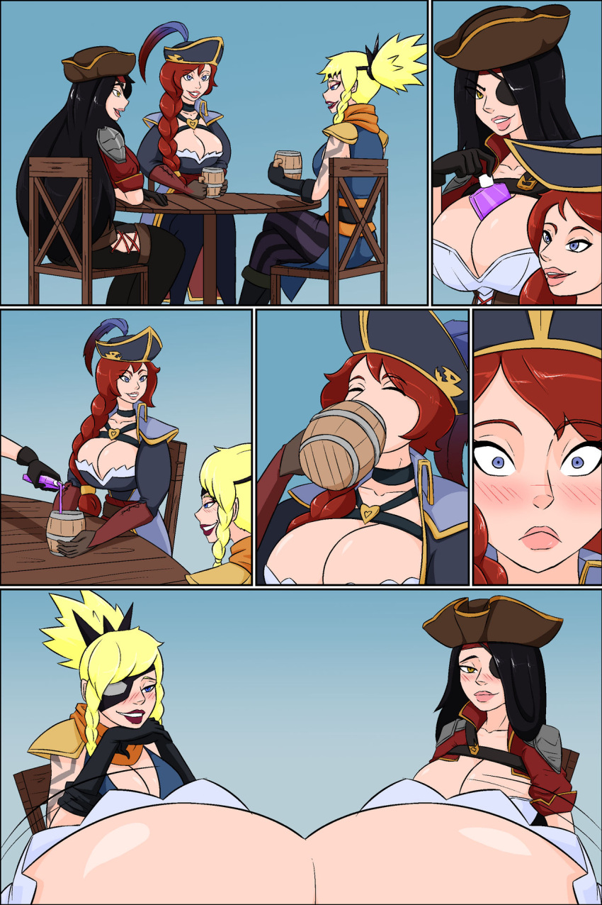 3girls bilgewater_katarina bilgewater_series breast_expansion breasts captain_fortune cleavage comic corsair_quinn female female_only huge_breasts katarina_du_couteau league_of_legends multiple_girls quinn sarah_fortune tourin17