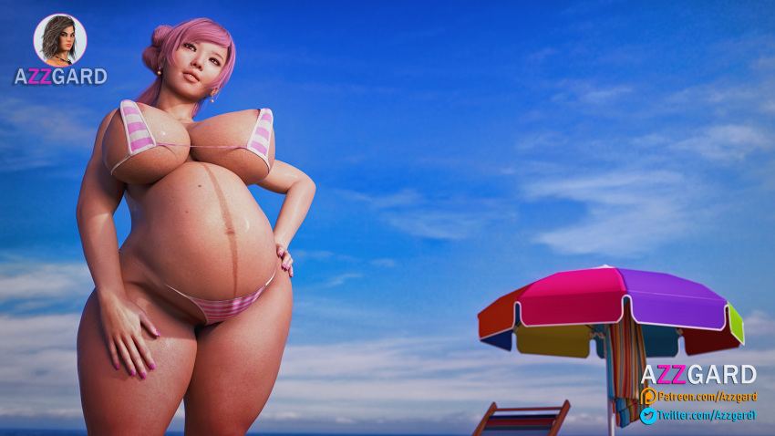 1girls 3d azzgard beach big_breasts bikini breasts earrings female female_only huge_belly huge_breasts linea_nigra marioka_(azzgard) pink_hair pregnant ready_to_pop solo