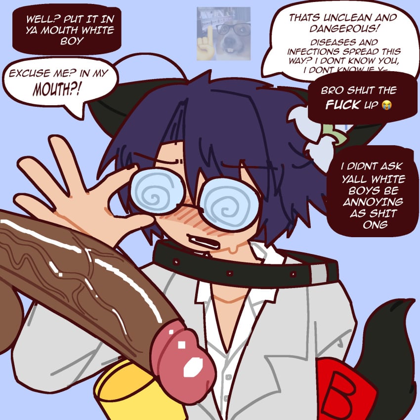 2boys black_gema_gema_gang black_male blue_hair dog_boy gay gay_male german_male glasses ky_schweitzer light-skinned_male male meow penis skinny toony white_boy yaoi